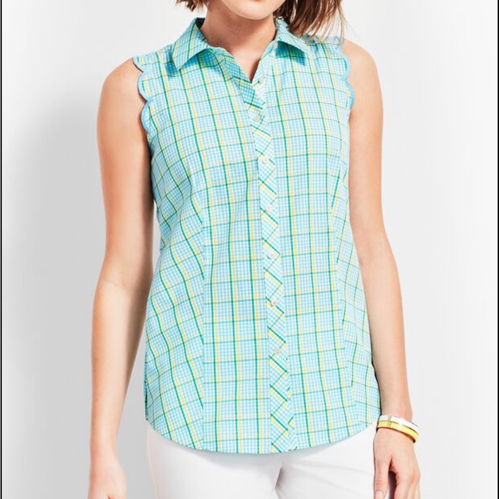 Talbots Sleeveless Button down Blouse Plaid Classic SCALLOP SHIRT-ISLAND CHECK